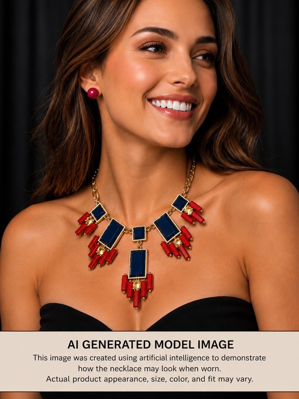 Red Navy Champagne faceted Crystals Necklace & Earrings 17-19” patriotic